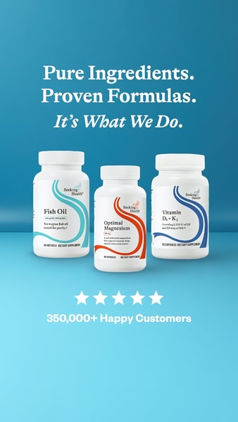 A 9:16 vertical ad showcasing three supplement bottles against a clean blue background, utilizing a five-star rating and customer count as the primary hook.
